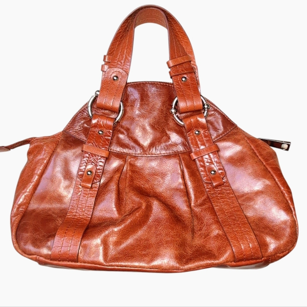 Kate Landry Brown Glazed Leather Double Handle Retro Purse Bag Gold Hardware